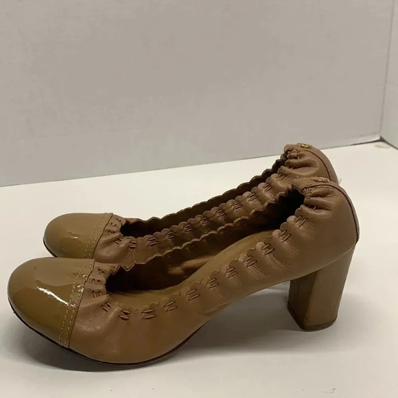 Tory Burch Romy High Heels Shoes Patent Leather Cap Toe Scrunched Brown Tan 7.5 - Picture 3 of 13
